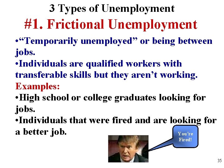 3 Types of Unemployment #1. Frictional Unemployment • “Temporarily unemployed” or being between jobs. 3 Types of Unemployment #1. Frictional Unemployment • “Temporarily unemployed” or being between jobs.
