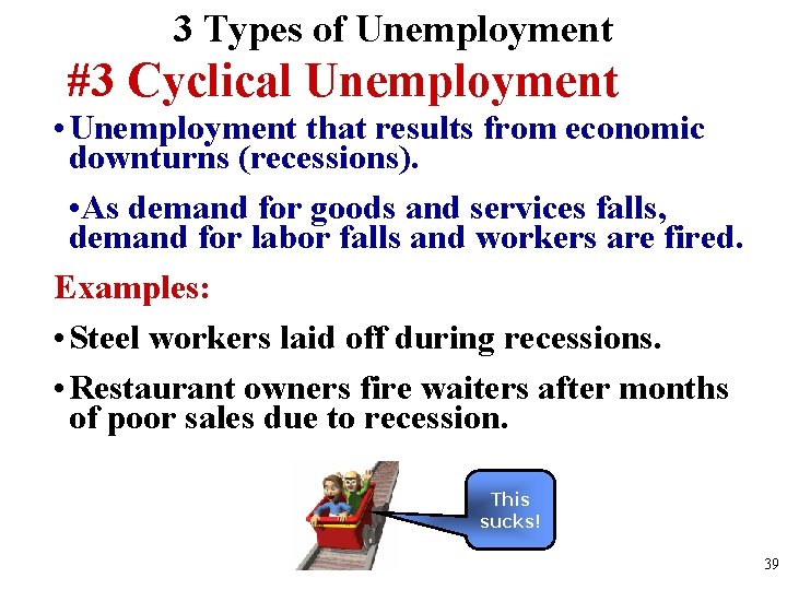 3 Types of Unemployment #3 Cyclical Unemployment • Unemployment that results from economic downturns 3 Types of Unemployment #3 Cyclical Unemployment • Unemployment that results from economic downturns
