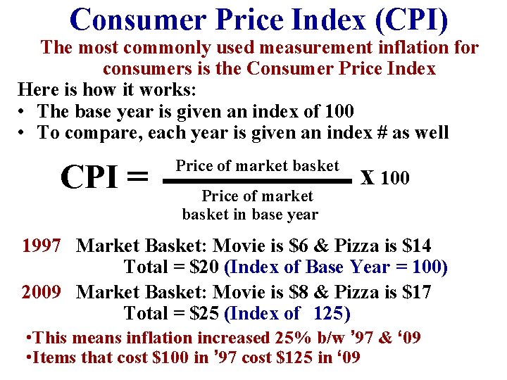 Consumer Price Index (CPI) The most commonly used measurement inflation for consumers is the Consumer Price Index (CPI) The most commonly used measurement inflation for consumers is the
