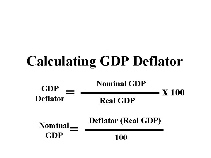Calculating GDP Deflator = Nominal GDP Real GDP Deflator (Real GDP) 100 x 100 Calculating GDP Deflator = Nominal GDP Real GDP Deflator (Real GDP) 100 x 100