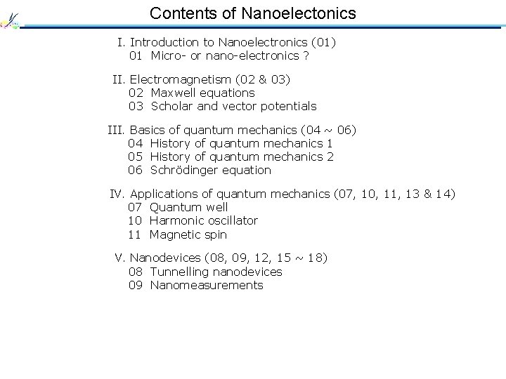 Contents of Nanoelectonics I. Introduction to Nanoelectronics (01) 01 Micro- or nano-electronics ? II.