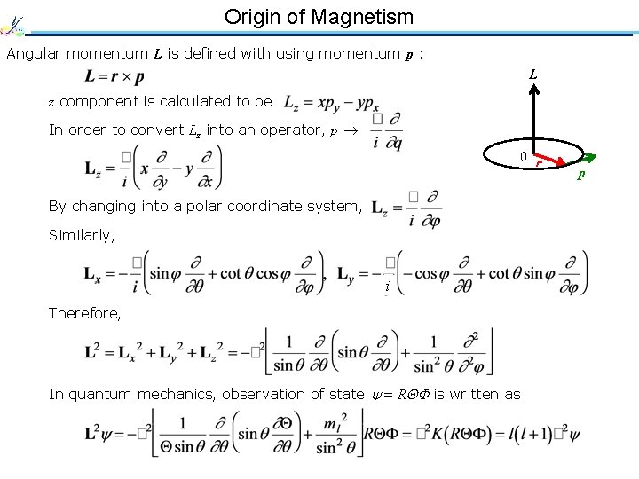 Origin of Magnetism Angular momentum L is defined with using momentum p : L