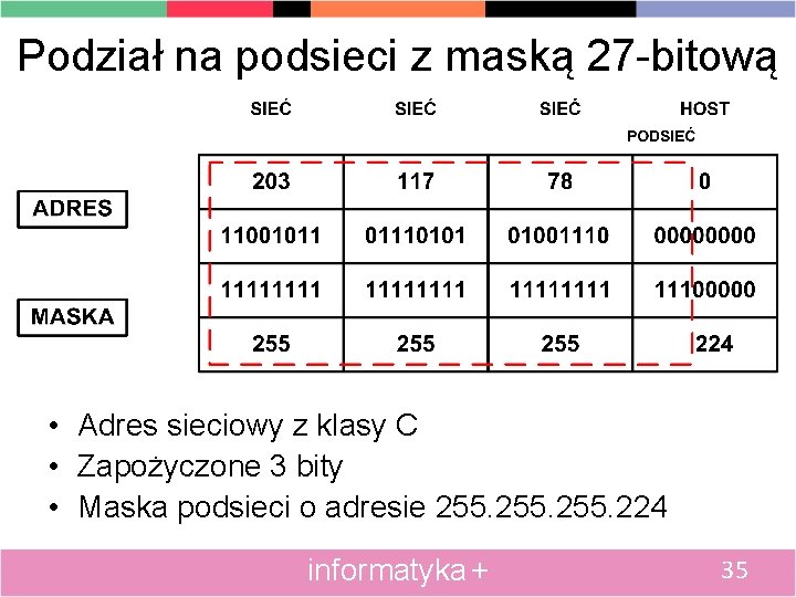 Podział na podsieci z maską 27 -bitową • Adres sieciowy z klasy C •