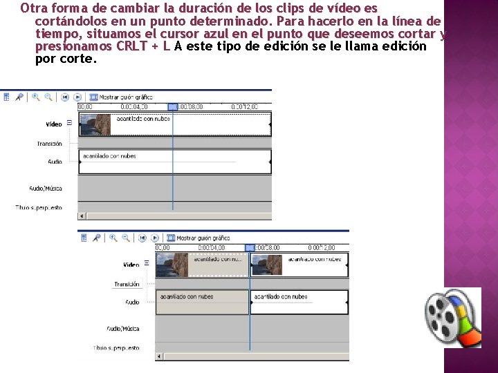 Otra forma de cambiar la duración de los clips de vídeo es cortándolos en