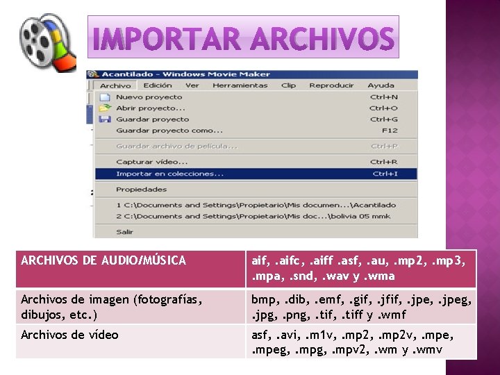 IMPORTAR ARCHIVOS DE AUDIO/MÚSICA aif, . aifc, . aiff. asf, . au, . mp