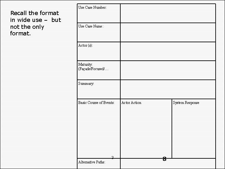 Use Case Number: Recall the format in wide use – but not the only
