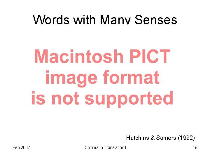 Words with Many Senses Hutchins & Somers (1992) Feb 2007 Diploma in Translation I