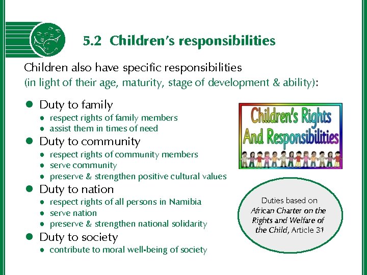 5. 2 Children’s responsibilities Children also have specific responsibilities (in light of their age,