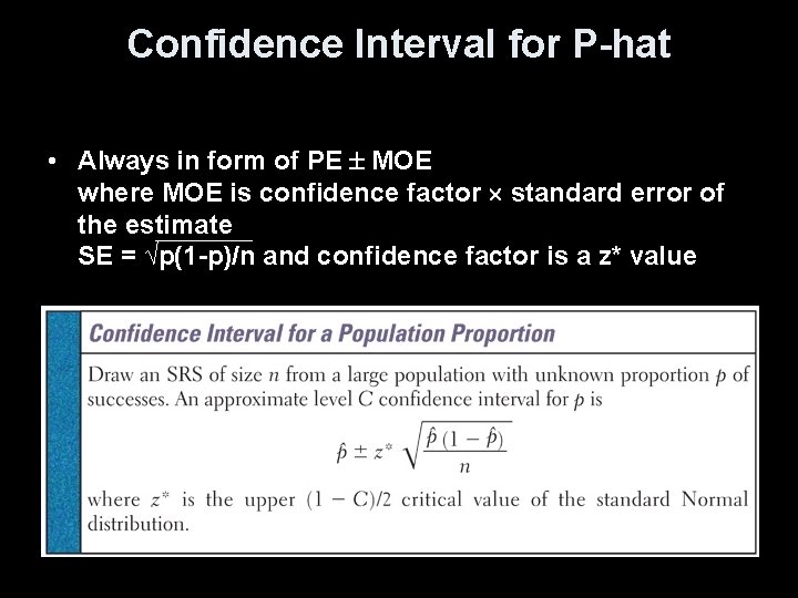 Confidence Interval for P-hat • Always in form of PE MOE where MOE is