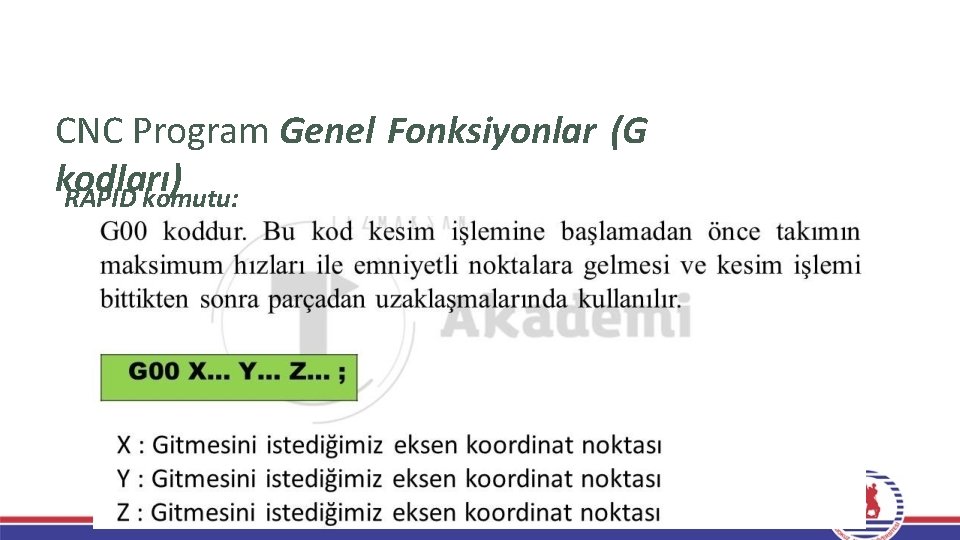 CNC Program Genel Fonksiyonlar (G kodları) RAPID komutu: 