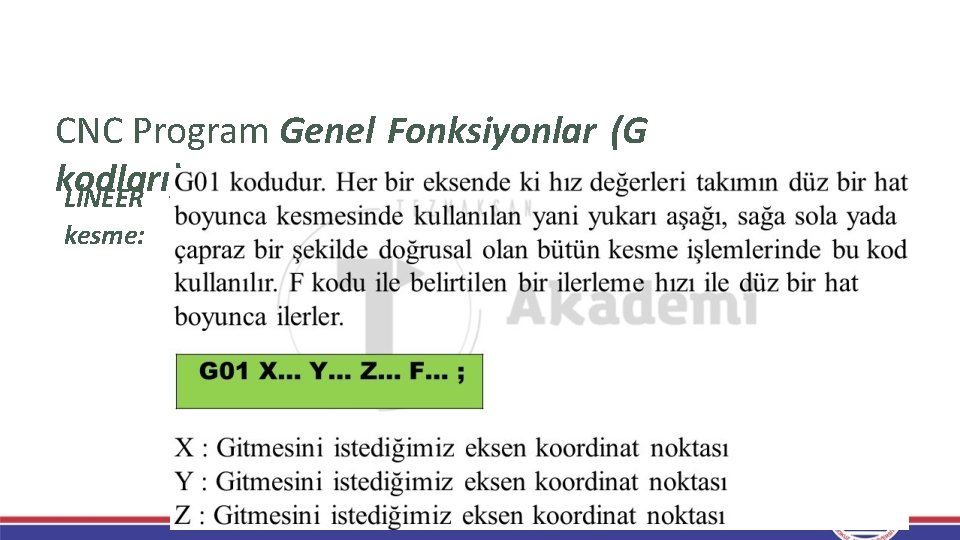 CNC Program Genel Fonksiyonlar (G kodları) LİNEER kesme: 