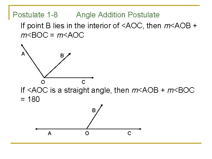 Postulate 1 -8 Angle Addition Postulate If point B lies in the interior of