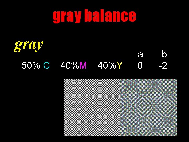 gray balance gray 50% C 40%M 40%Y a 0 b -2 