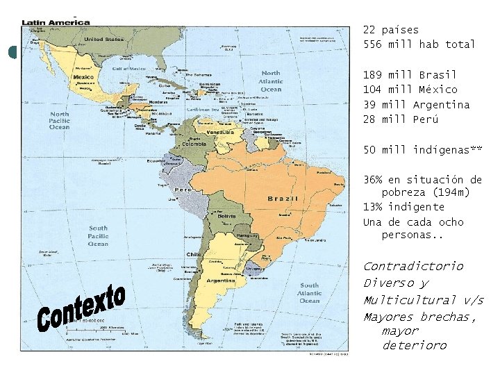 22 países 556 mill hab total 189 mill Brasil 104 mill México 39 mill