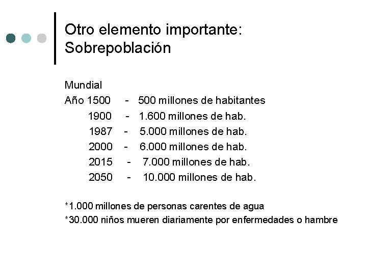 Otro elemento importante: Sobrepoblación Mundial Año 1500 1987 2000 2015 2050 - 500 millones