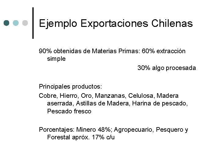 Ejemplo Exportaciones Chilenas 90% obtenidas de Materias Primas: 60% extracción simple 30% algo procesada