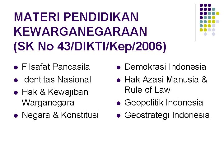 MATERI PENDIDIKAN KEWARGANEGARAAN (SK No 43/DIKTI/Kep/2006) l l Filsafat Pancasila Identitas Nasional Hak &