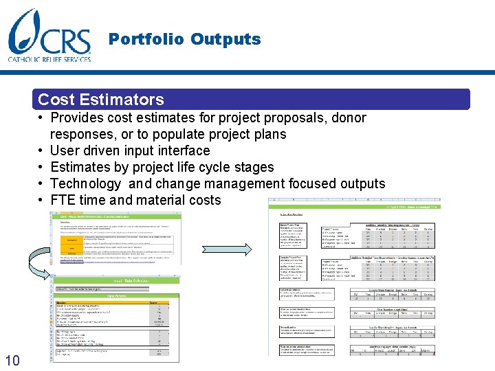 Portfolio Outputs Cost Estimators • Provides cost estimates for project proposals, donor responses, or