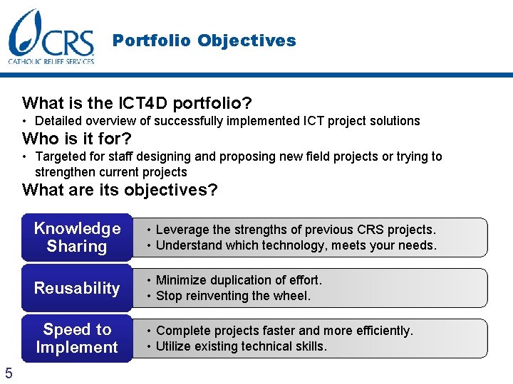 Portfolio Objectives What is the ICT 4 D portfolio? • Detailed overview of successfully