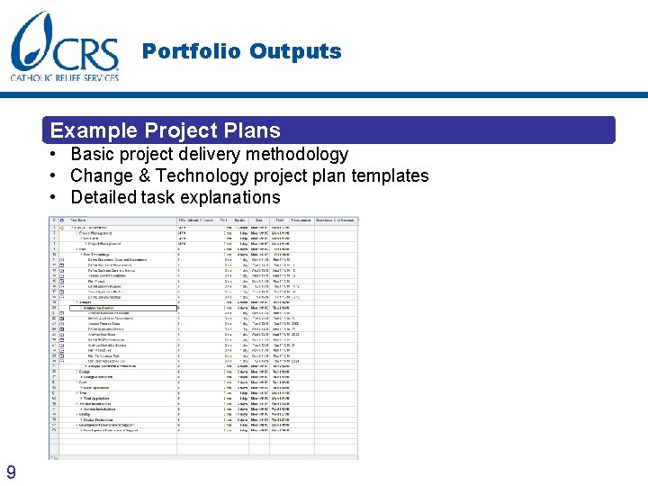 Portfolio Outputs Example Project Plans • Basic project delivery methodology • Change & Technology