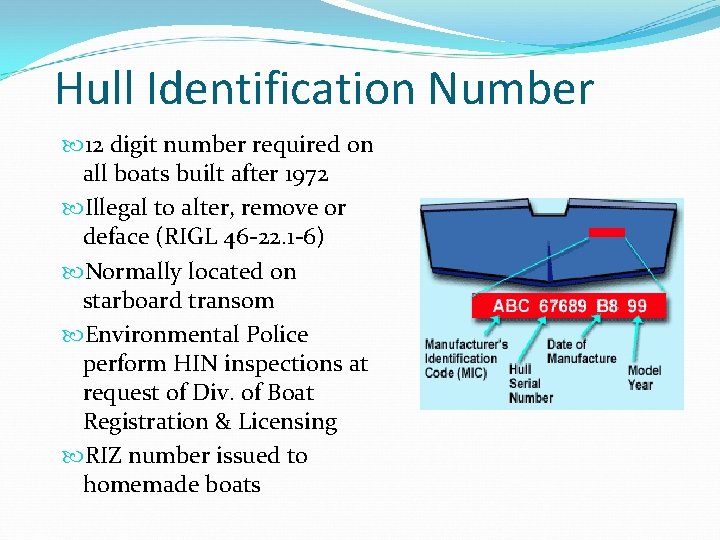 Hull Identification Number 12 digit number required on all boats built after 1972 Illegal