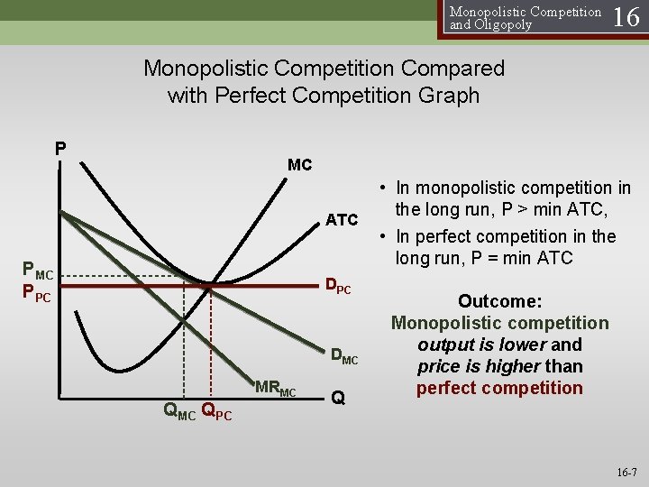 Monopolistic Competition and Oligopoly 16 Monopolistic Competition Compared with Perfect Competition Graph P MC