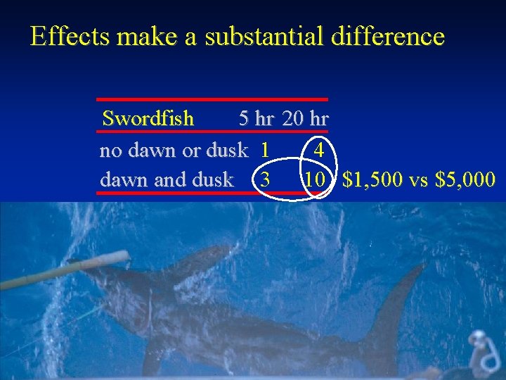 Effects make a substantial difference Swordfish 5 hr 20 hr no dawn or dusk