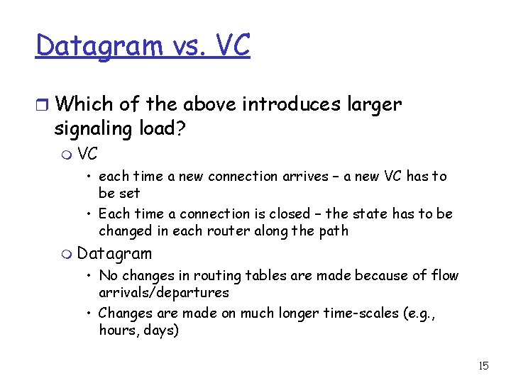 Datagram vs. VC r Which of the above introduces larger signaling load? m VC