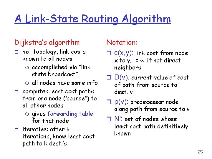 A Link-State Routing Algorithm Dijkstra’s algorithm r net topology, link costs known to all