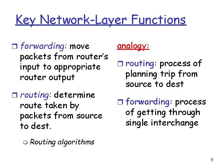 Key Network-Layer Functions r forwarding: move packets from router’s input to appropriate router output