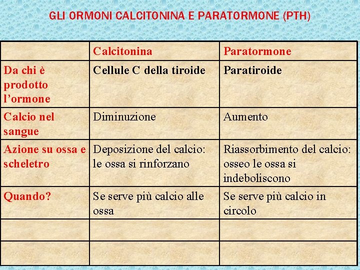 GLI ORMONI CALCITONINA E PARATORMONE (PTH) Calcitonina Paratormone Da chi è prodotto l’ormone Calcio GLI ORMONI CALCITONINA E PARATORMONE (PTH) Calcitonina Paratormone Da chi è prodotto l’ormone Calcio