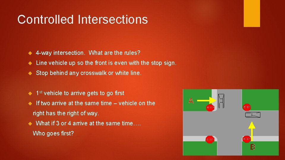 Controlled Intersections 4 -way intersection. What are the rules? Line vehicle up so the