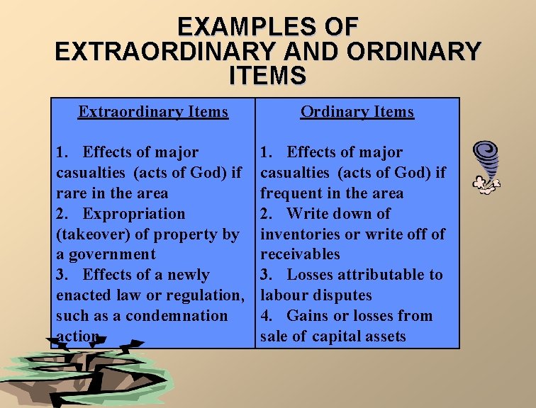 EXAMPLES OF EXTRAORDINARY AND ORDINARY ITEMS Extraordinary Items Ordinary Items 1. Effects of major