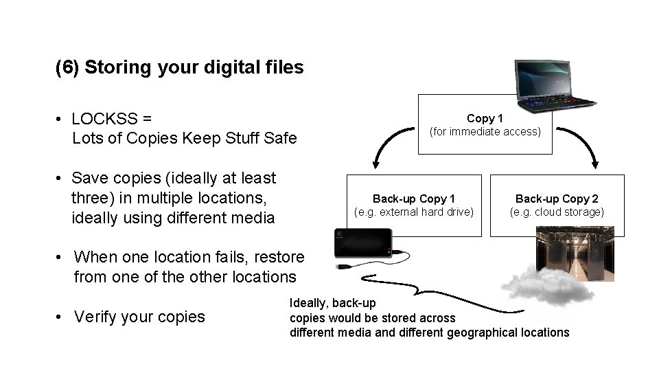 (6) Storing your digital files • LOCKSS = Lots of Copies Keep Stuff Safe