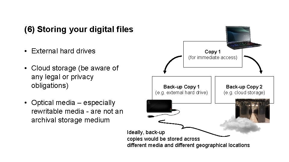 (6) Storing your digital files • External hard drives • Cloud storage (be aware