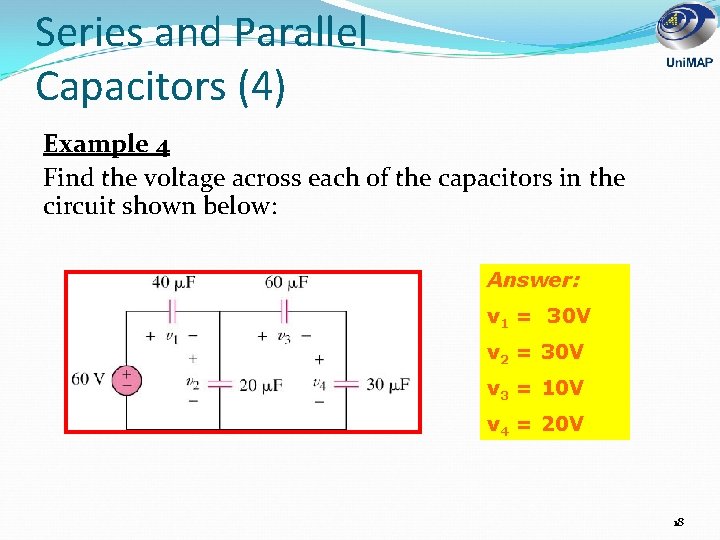 Series and Parallel Capacitors (4) Example 4 Find the voltage across each of the