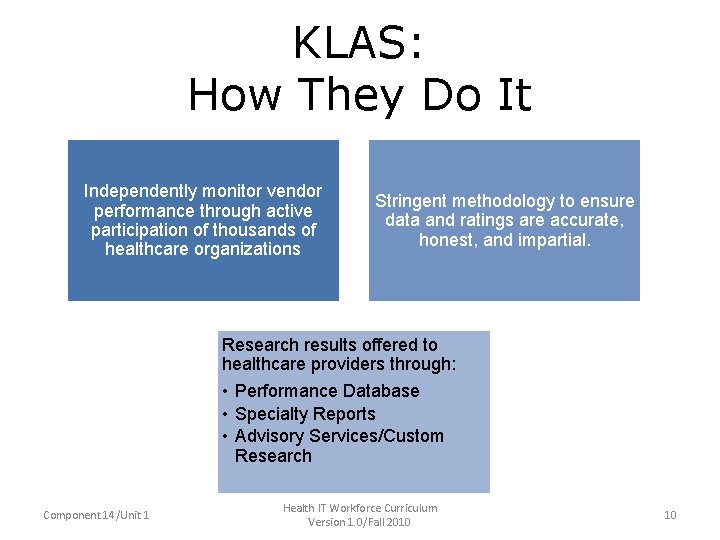 KLAS: How They Do It • • • Independently monitor vendor performance through active