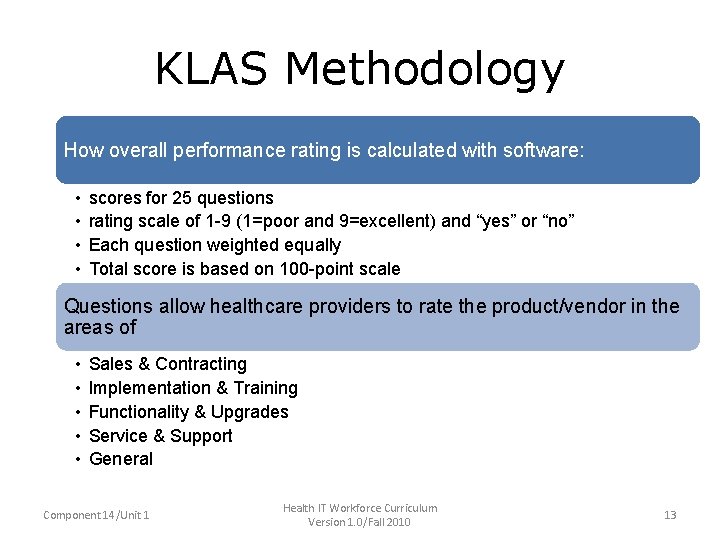 KLAS Methodology • How overall performance rating is calculated with software: • – scores