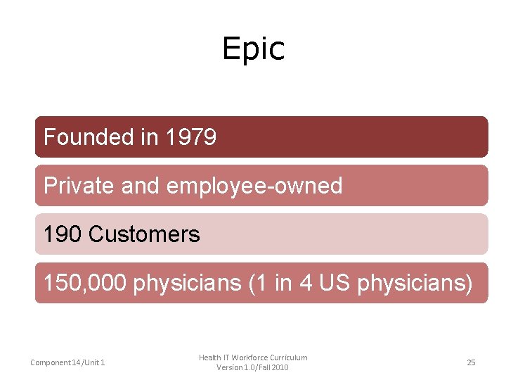 Epic • Founded in 1979 Private and employee-owned • 190 Customers Private and employee-owned