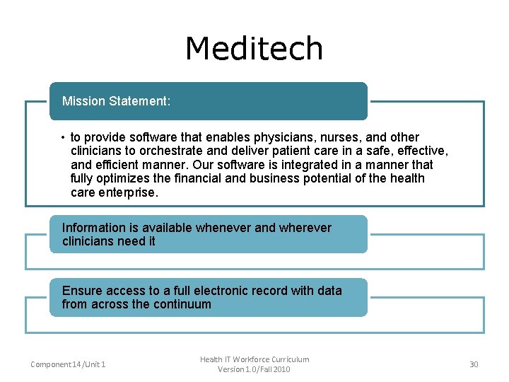 Meditech • • • Mission Statement: – to provide software that enables physicians, nurses,