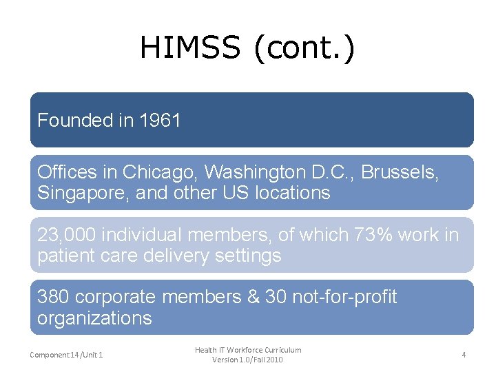 HIMSS (cont. ) • Founded in 1961 • Offices in Chicago, Washington D. C.