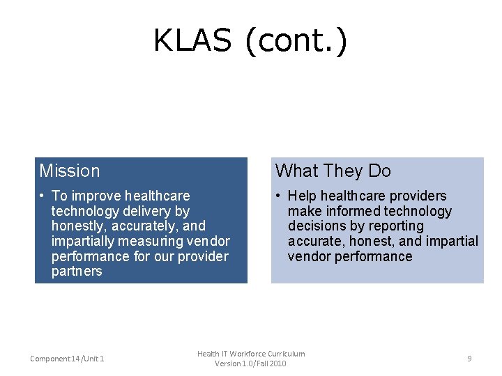 KLAS (cont. ) Focus is solely on healthcare technology • Mission – To improve