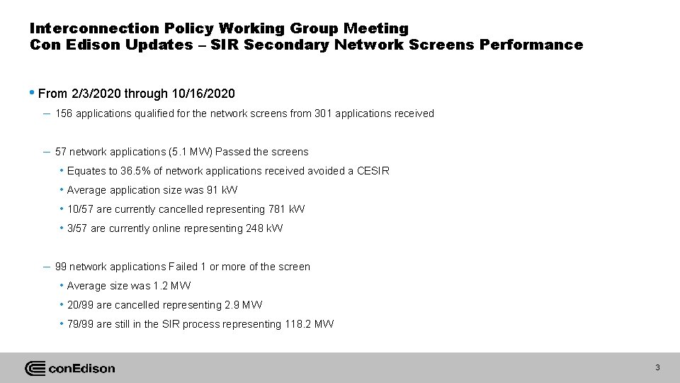 Interconnection Policy Working Group Meeting Con Edison Updates – SIR Secondary Network Screens Performance