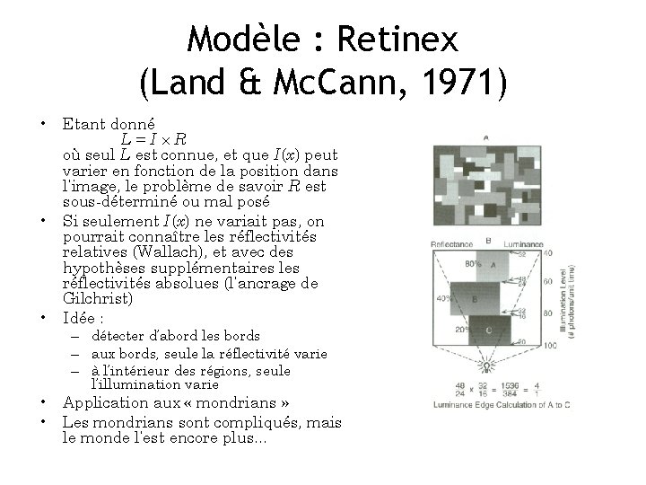 Modèle : Retinex (Land & Mc. Cann, 1971) • Etant donné L=I R où