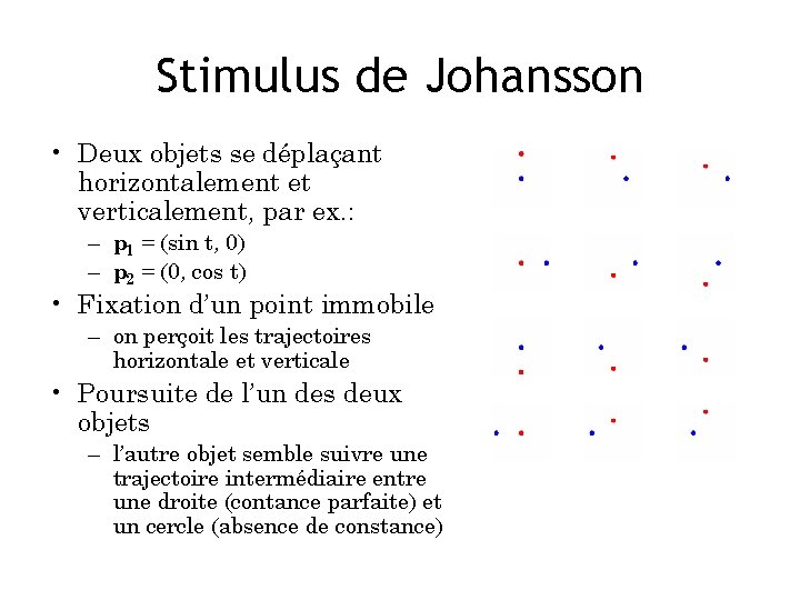 Stimulus de Johansson • Deux objets se déplaçant horizontalement et verticalement, par ex. :
