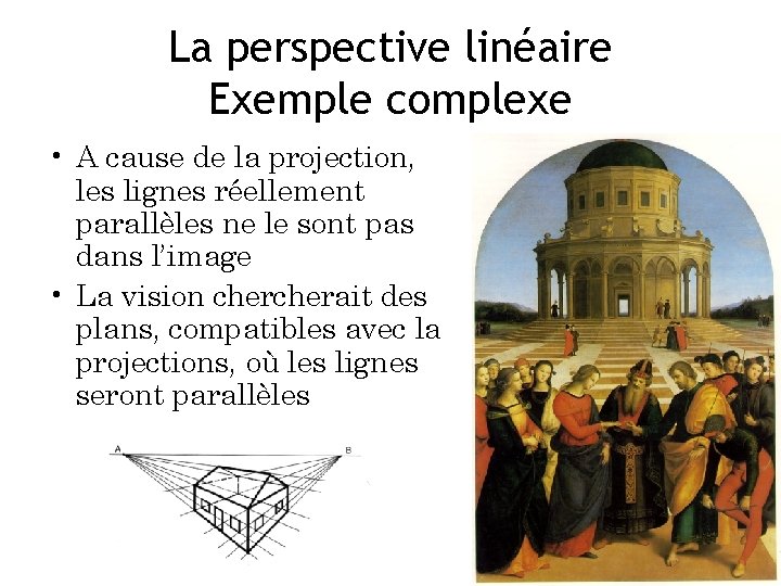 La perspective linéaire Exemple complexe • A cause de la projection, les lignes réellement