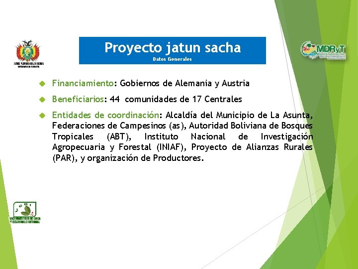 Proyecto jatun sacha Datos Generales Financiamiento: Gobiernos de Alemania y Austria Beneficiarios: 44 comunidades