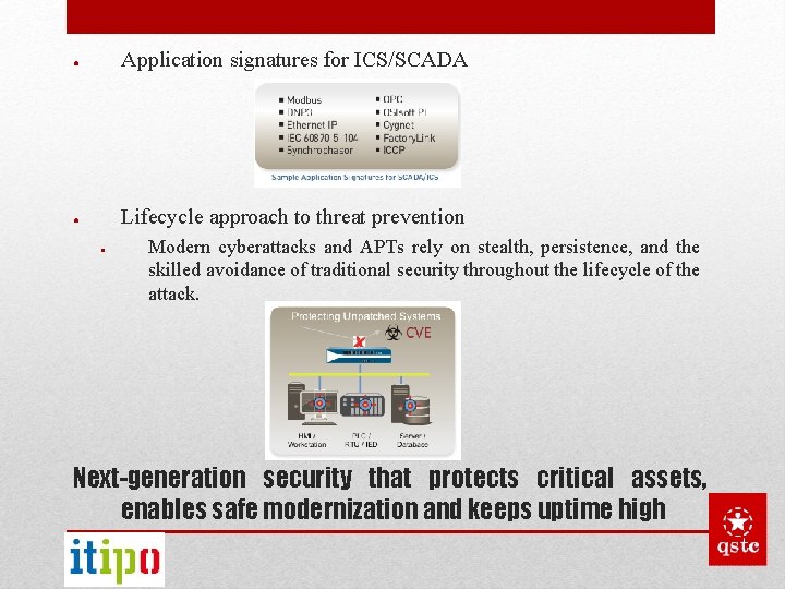 ● Application signatures for ICS/SCADA ● Lifecycle approach to threat prevention ● Modern cyberattacks