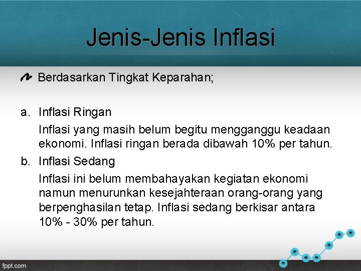 Jenis-Jenis Inflasi Berdasarkan Tingkat Keparahan; a. Inflasi Ringan Inflasi yang masih belum begitu mengganggu