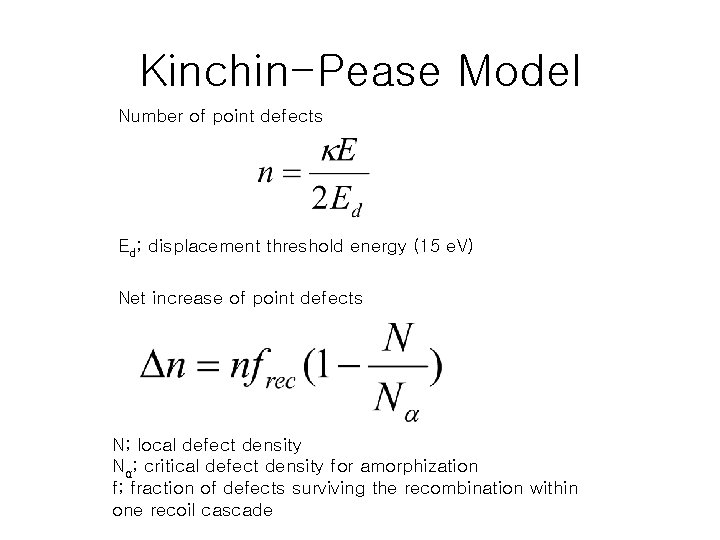 Kinchin-Pease Model Number of point defects Ed; displacement threshold energy (15 e. V) Net